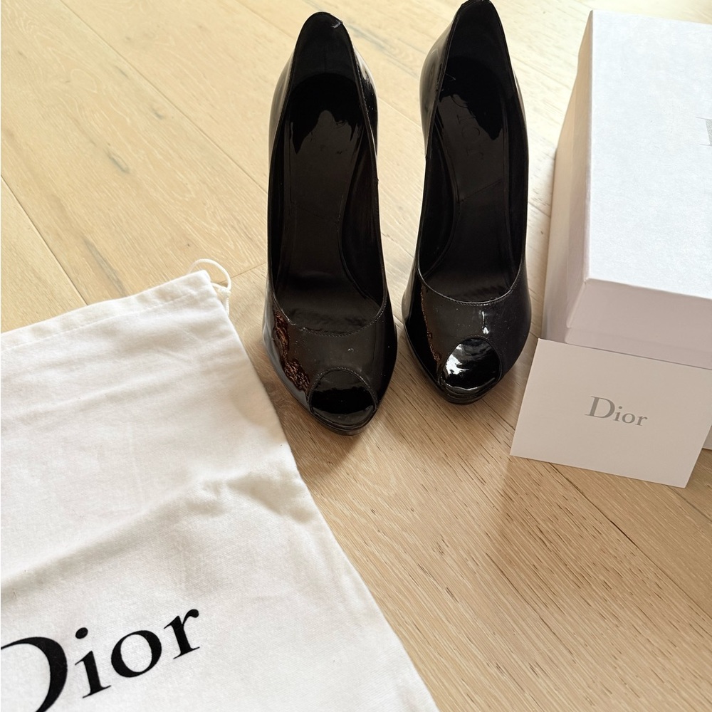 Dior "Miss Dior" Black Patent Leather Heels with Dior shoe bag and Dior box